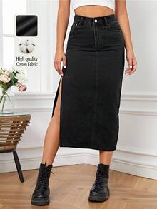 SHEIN Essnce High Waist Split Thigh Denim Skirt - Black - View 4