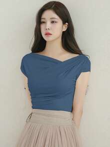 DAZY Ladies Solid Color Pleated Slim Fit Short Sleeve T-Shirt For Spring/Summer - Teal Blue - View 3