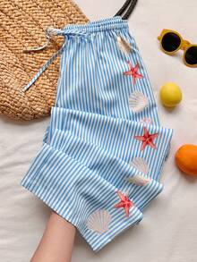 Comfortcana Quần nữ kẻ sọc kiểu dáng thường ngày in hình sao biển, cạp chun có dây rút. - Màu xanh lam - Xem 7
