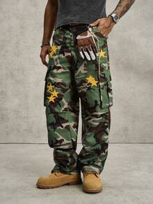 PAVTROS Men's Street Camo Print Star Patch Cargo Pants - Multicolor - View 3