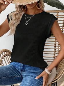 EMERY ROSE Women's Solid Color Round Neck Ribbed Casual Versatile T-Shirt,Summer Top - Black - View 6