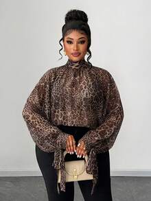 Maweii Plus Size Elegant Sheer Polka Dot Mock Neck Loose Cuffed Bow Tie Cuff Long Sleeve Blouse - Multicolor - View 1