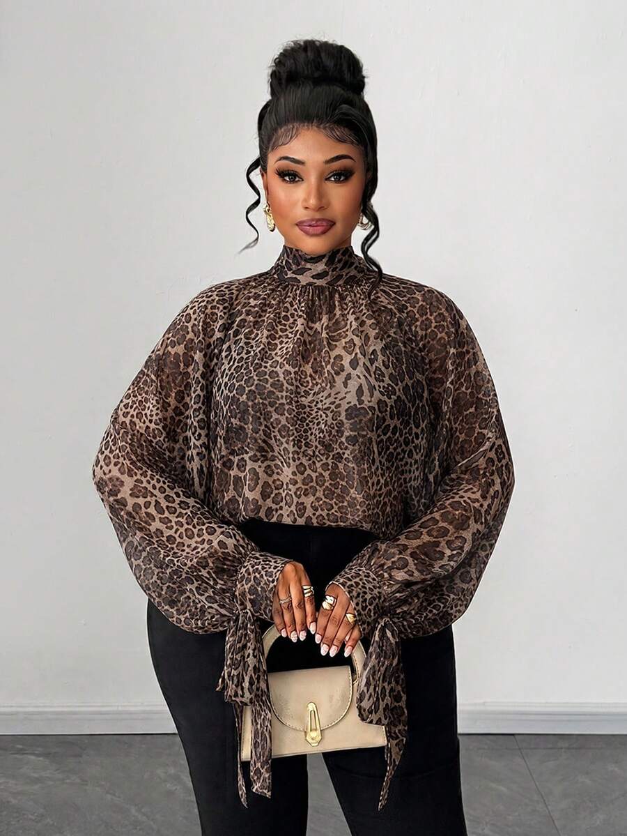 Maweii Plus Size Elegant Sheer Polka Dot Mock Neck Loose Cuffed Bow Tie Cuff Long Sleeve Blouse - Multicolor - View 1