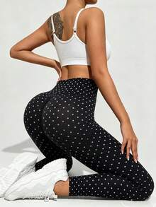 SHEIN Dewbera Quần legging dệt kim liền mạch chấm bi đen trắng - Đen và trắng - Xem 6