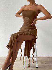 Allurite Women Backless Ruched Slit Dress,All Shades Of Brown,Summer,70s,Night Out,Party,Prom,Rave Outfits,Streetwear,Concert,Club,Date,Wedding,New Year - Brown - View 8