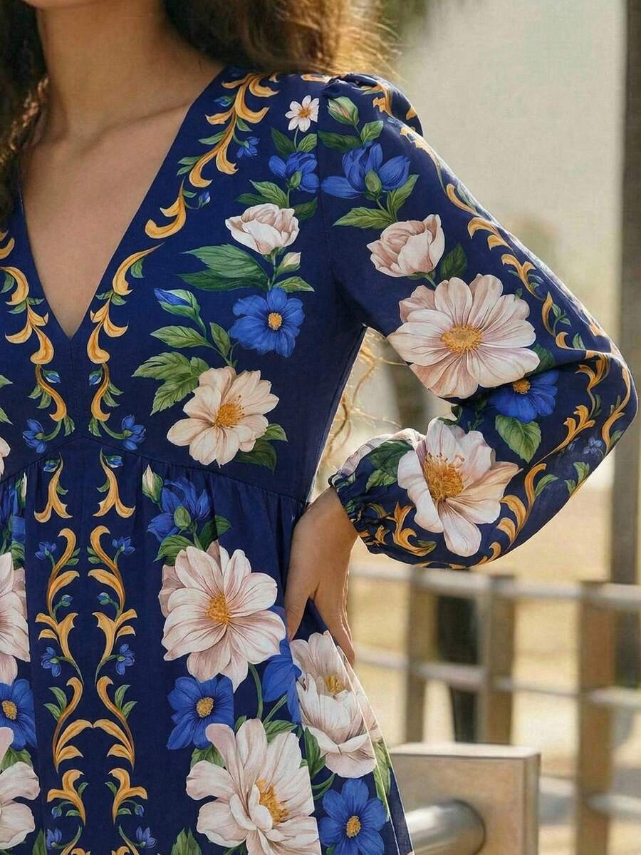 CAJUNI Robe courte bleu marine à manches longues avec imprimé floral élégant - Bleu azur - Voir 1