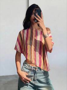 Aloruh Women's Vacation Striped Asymmetric Neck Batwing Sleeve Top - Multicolor - View 7