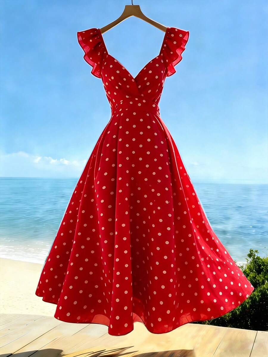 Franclia Đầm nữ cổ chữ V tay bồng xếp ly eo hở lưng thắt nơ chấm bi, kiểu dáng thường ngày cho kỳ nghỉ xuân/hè. - Fiery Red - Xem 1