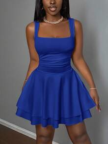 Slaydiva Women's Casual Basic Sweet Ruched Square Neck Sleeveless Top & A-Line Short Dress Set, Summer,Dresses For Women Summer - Teal Blue - View 6