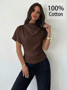 Firerie Wrinkled Collar Asymmetrical Sleeve Side Ruched Cinched Waist Commuter Apricot Bamboo Fiber Linen Blouse For Women, All Season,Summer Top - Brown - View 8