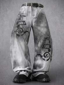 Manfinity Denimwave Men's Denim Print Distressed Straight Leg Flare Pants - White - View 3