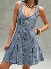Bohemela Đầm denim không tay dáng rộng, màu trơn, gấu quần rách, kiểu dáng thường ngày, cỡ lớn. - Rửa nhẹ - Xem 5