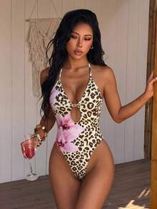 Swim SXY 女士豹纹印花露背挂脖连体泳衣 - 彩色 - 查看 6