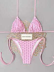 Swim Mod Bộ bikini hai mảnh nữ xuân/hè 2026, nền đen chấm bi trắng in ngẫu nhiên, phong cách ngọt ngào dễ thương, dây buộc cổ, buộc bên hông - Hồng - Xem 2