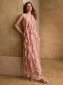 MOTF PREMIUM VESTIDO ELEGANTE DE MUJER CON VOLANTES LARGOS EN EL BAJO, PRIMAVERA/VERANO - Rosa - Ver 6