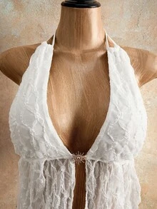 Mistrie Camiseta de mujer de unicolor con diseño de cinta, cuello halter abierto y sexy con abertura lateral - Blanco - Ver 3