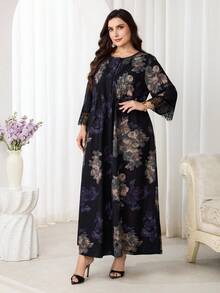 Al Najma 大码女式印花撞色蕾丝边优雅阿拉伯风格连衣裙 - 彩色 - 查看 8