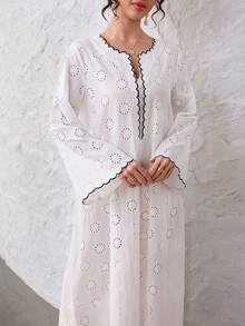 Al Najma Eyelet Embroidery Casual Daily Black & White Striped Contrast Color Arabic Style Dress For Women - White - View 7