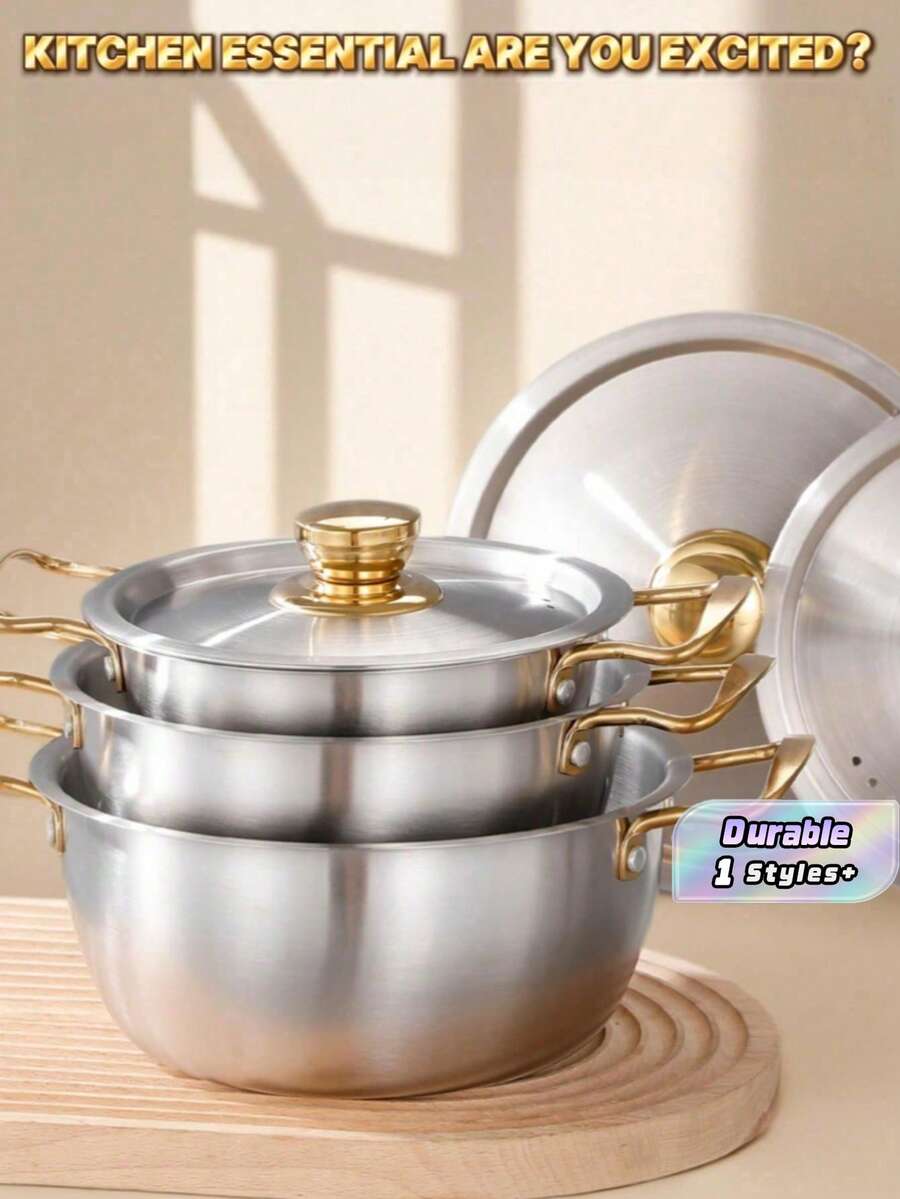 3件套不锈钢拉面锅套装(包含3个不同尺寸的锅:小号可用作拌饭锅、食物锅等;中号可用作拉面锅、双人汤锅;大号可用作家庭汤锅、小型火锅) - 銀色 - 查看 1