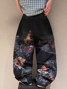 STEELVANCE Quần jeans ống đứng dáng rộng, in họa tiết râu mèo cổ điển, phong cách đường phố thời thượng. - màu đen - Xem 2