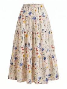 SHEIN 碎花图案弹力腰A字长裙，休闲度假百搭设计。乡村风手绘碎花层叠中长裙，适合日常通勤、度假，春夏必备单品。 - 彩色 - 查看 5