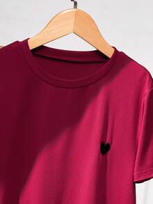 SHEIN 少女春夏休闲度假通勤爱心印花短袖T恤和条纹抽绳阔腿裤套装 - 紅色 - 查看 3