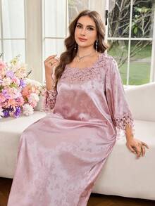 Al Najma Đầm satin jacquard phối ren hoa, kiểu dáng lãng mạn, thanh lịch, tay lửng 3/4 màu hồng, cỡ lớn, kiểu Ả Rập dành cho phụ nữ. - Hồng - Xem 1