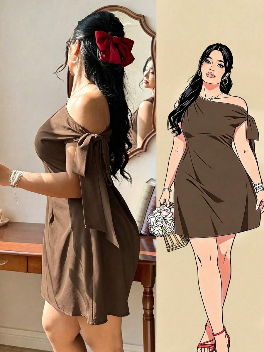 FleurLily 大码女士优雅不对称领口系带连衣裙 - 棕色 - 查看 1