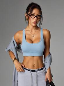 SHEIN Sports 女士无缝纯色镂空休闲运动瑜伽文胸 - 藍色 - 查看 6