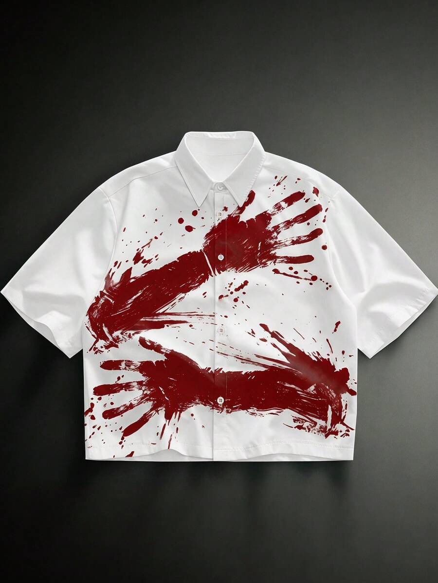 HIMLAND Camisa casual de manga corta con estampado de palma de un solo pecho para hombre - Blanco - Ver 1