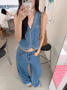 DAZY Setelan 2 Potong Wanita Gaya Liburan Musim Panas, Atasan Lucu, Motif Kontras Warna Bordir Denim Korea, Rompi dan Celana Longgar - Biru - View 5