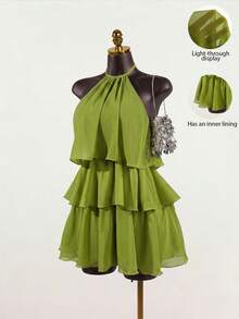 SaltGleam SaltGleam Women's Fashion Resort Ruffled Hem Halter Neck Tie Waist Dress - Green - View 1