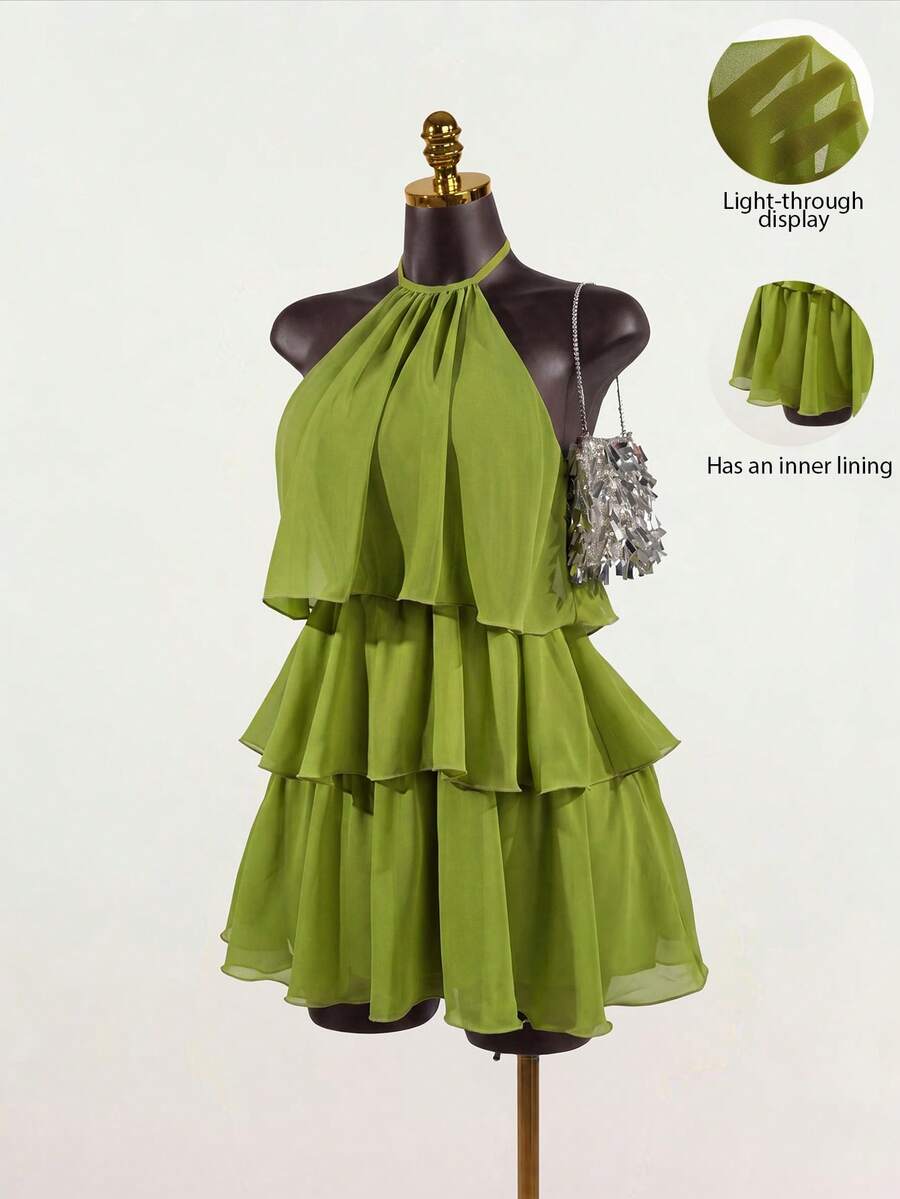 SaltGleam SaltGleam Women's Fashion Resort Ruffled Hem Halter Neck Tie Waist Dress - Green - View 1