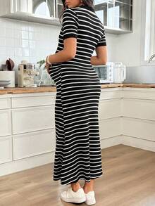 SHEIN Maternity Striped Contrast V-Neck Short Sleeve Casual Vacation Dress World Cup - Black - View 7