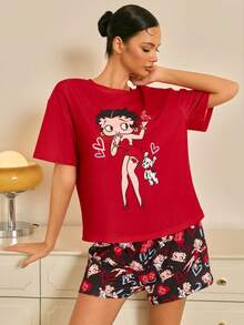 Betty Boop x SHEIN Women's Casual Cartoon Portrait Pattern Round Neck Short Sleeve T-Shirt And Shorts Pajama Set, Summer - Red - View 6