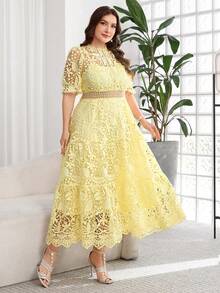 tido blanco de talla grande, vestido elegante para té, vestidos de verano de talla grande, vestidos curvy de talla grande, vestidos para bodas y eventos, vestido de malla, vestido para salir - Amarillo - Ver 5