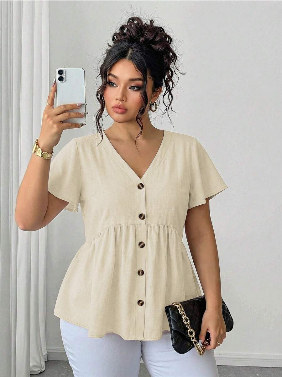 Elenzga Plus Size Women V-Neck Pleated Casual Versatile Daily Wear Shirt - Apricot - View 1