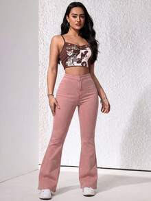Jeans acampanados casuales para mujer, versátiles para el uso diario - Rosa coral - Ver 5