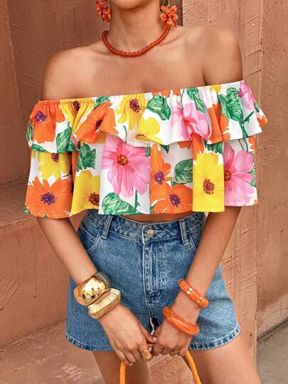 Flora Isola Flora Isola Women's Elegant Vacation Shirt, High Saturation Colorful Printed Off-Shoulder Ruffle Hem Crop Top
