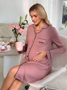 Moonlight&Mama Maternity Comfortable Contrast Trim Front Button Pocket Long Sleeve Dress, Summer Home Wear - Redwood - View 5