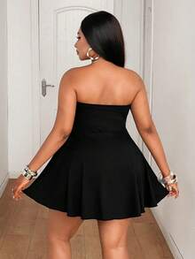 Maweii Plus Size Women's Summer Solid Color Strapless Waist A-Line Mini Dress With Lining, Suitable For Graduation, Party, Cosplay - Black - View 3