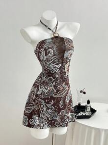 Elamini Đầm nữ thường ngày, phối ren, cổ yếm buộc dây vòng tròn. - màu nâu - Xem 4