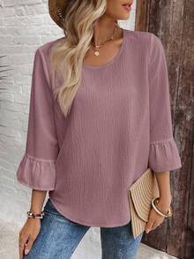 EMERY ROSE Blusa de mujer de unicolor con cuello redondo y textura para vacaciones - Rosa vieja - Ver 6