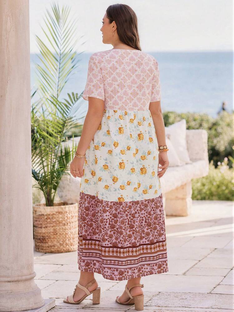 Plus Size Women Floral Print Short Sleeve Casual Dress