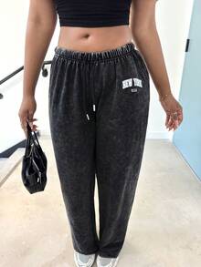 Alexandranx 62% 棉，女士休闲低腰直筒运动裤，纽约印花图案；水洗复古宽松阔腿裤，抽绳设计，黑色；适合秋冬季节穿着。 - 黑色 - 查看 5