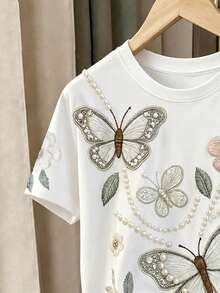 2pcs/Set Teen Girl Casual Loose Round Neck Short Sleeve T-Shirt And Shorts, Suitable For Spring And Summer - White - View 3
