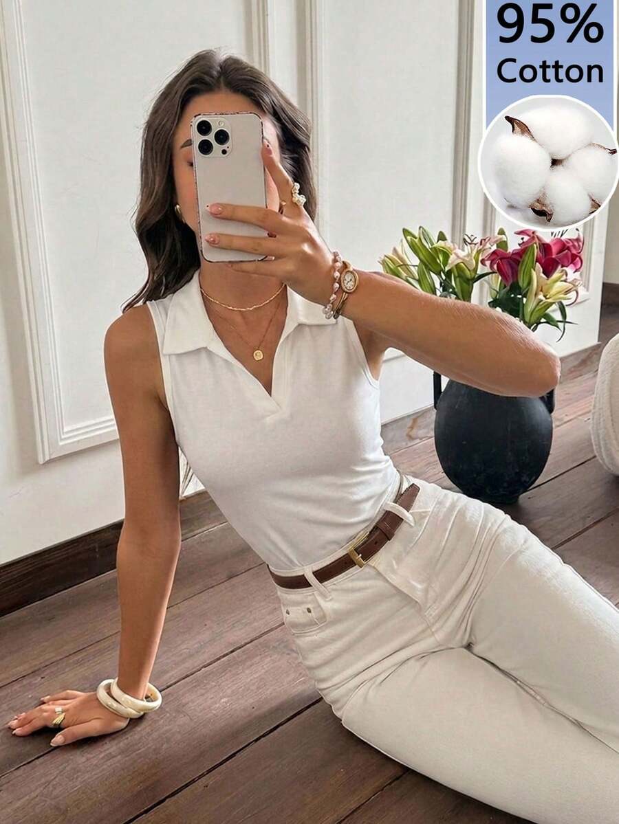 Serisse 女士95%纯棉白色无袖罗纹高领背心 – 休闲复古百搭条纹领背心,优雅上衣,适合约会、派对、鸡尾酒会、正式场合、婚礼宾客、办公室、工作等各种场合。 - 彩色 - 查看 1