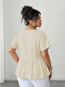 Elenzga Plus Size Women V-Neck Pleated Casual Versatile Daily Wear Shirt - Apricot - View 2