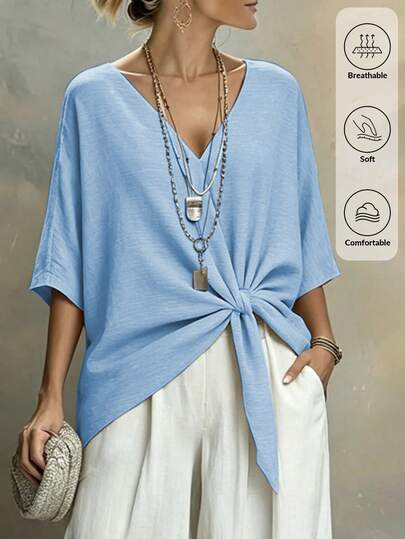 Louniche Blusa casual de mujer con cuello en V de unicolor tipo lino, con nudo retorcido, para primavera/verano
