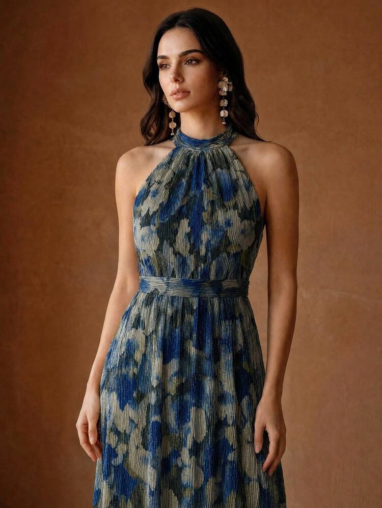 Women's Summer Elegant Floral Print Pleated Fabric Halter Neck Bowknot Sleeveless Waist Tie Wedding Guest Dress, Suitable For Wedding, Party, Date, Vacation, Beach